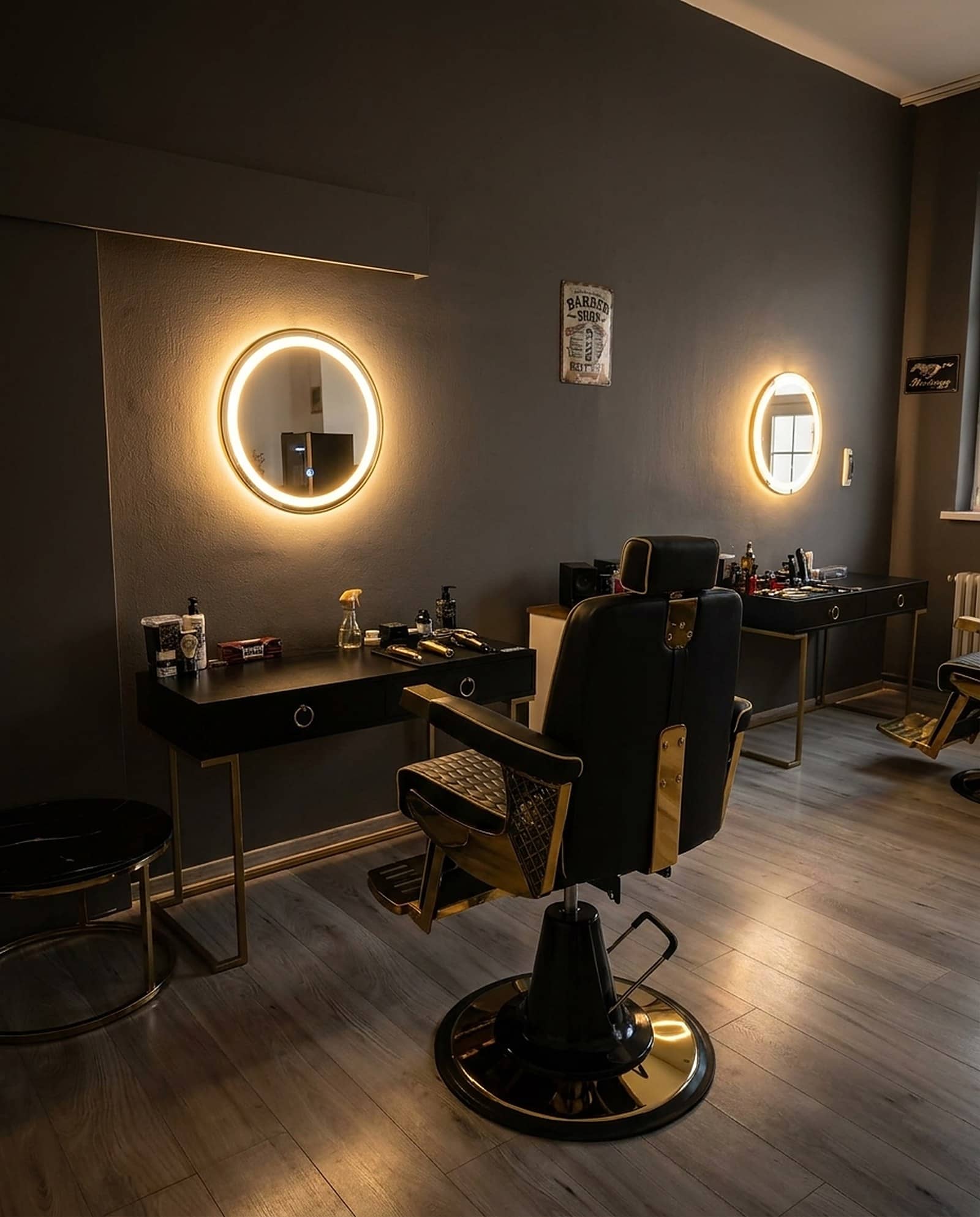Barberské křeslo a podsvícené zrcadlo v interiéru Gabriels Barbershop