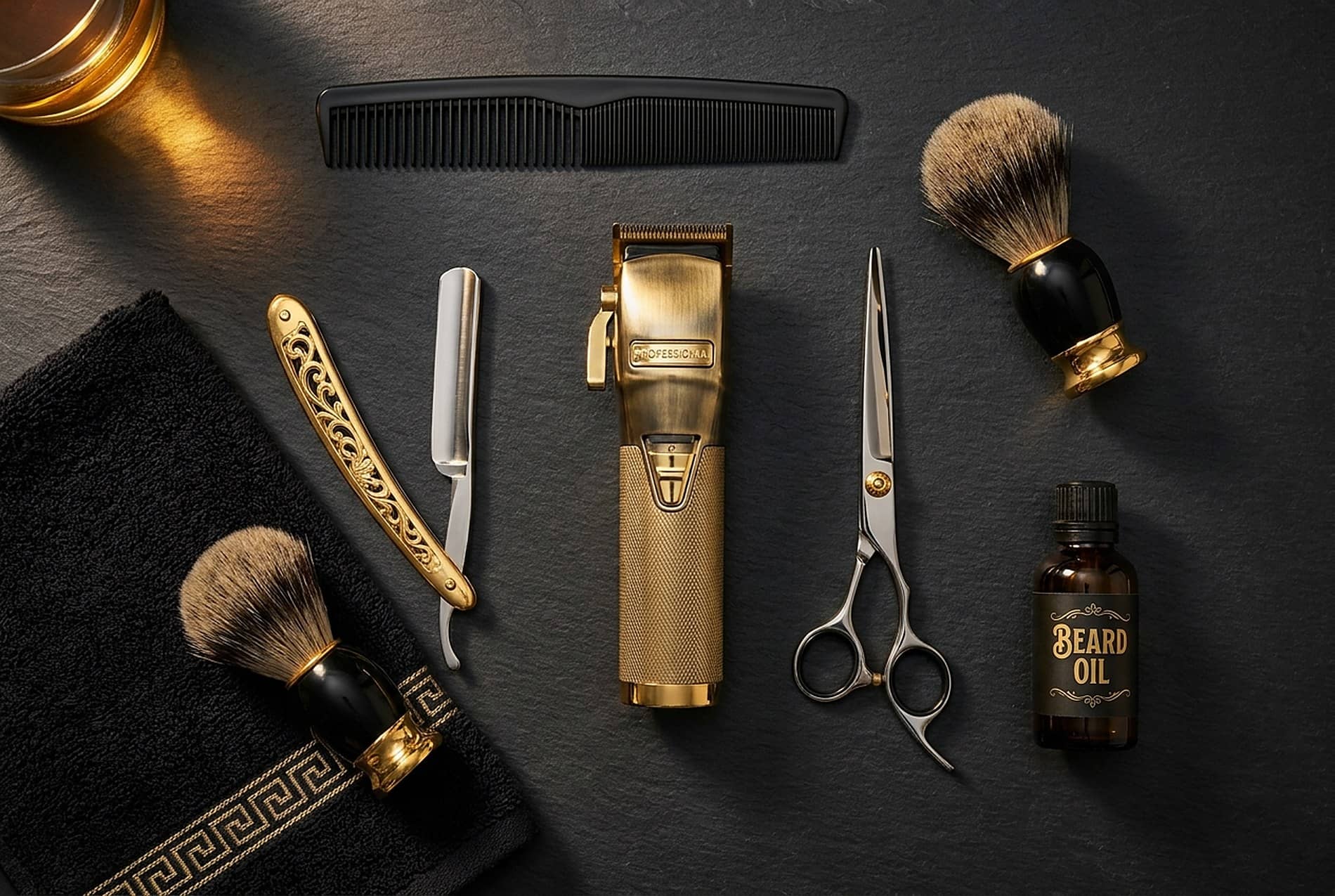 Profesionální barberské nástroje — strojek, břitva, nůžky a štětka