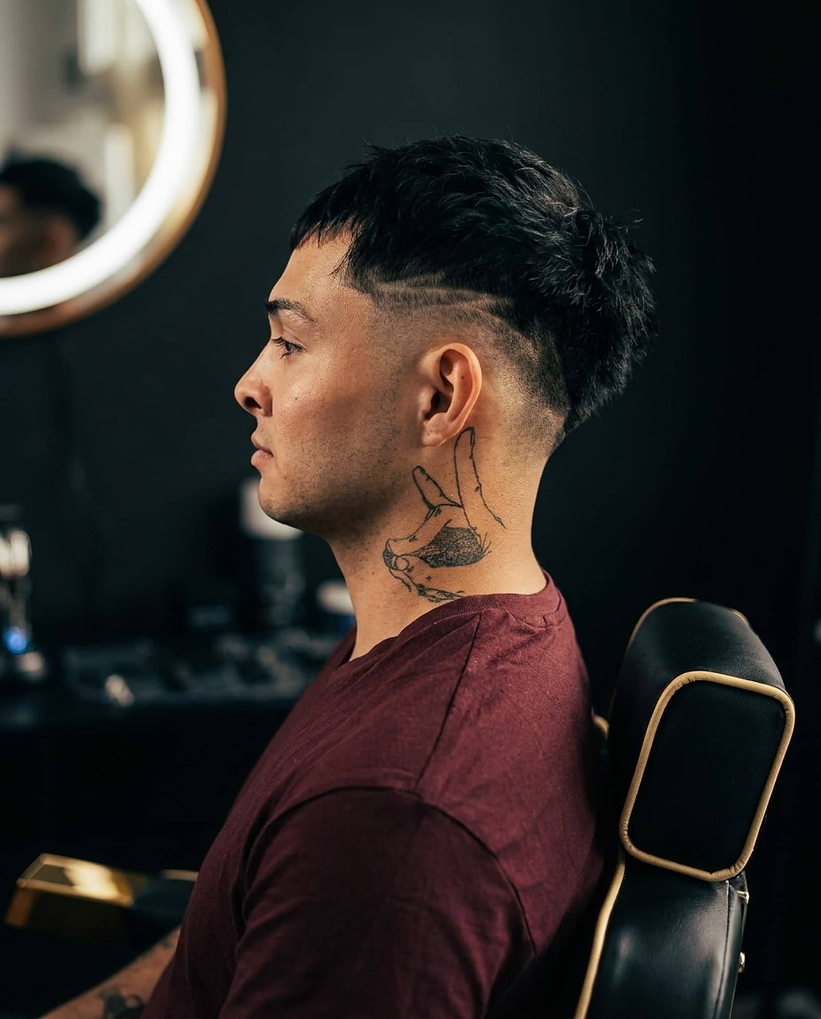 Klient s precizním fade střihem a vyholenou linkou v Gabriels Barbershop